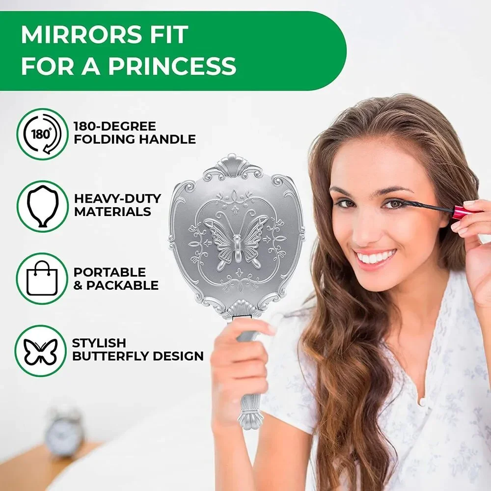 Probeautify Butterfly Folding Hand Mirror Silver Vanity Makeup Princess Mirror